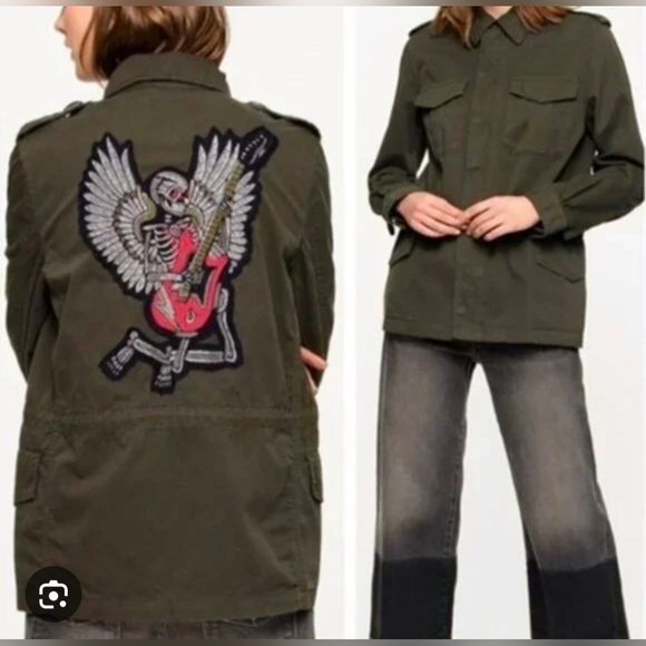 Zadig & Voltaire Kayak Bis jacket Military Green Skull Guitar Patch Women Sz M - Picture 2 of 12